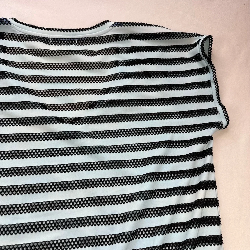 Calvin Klein Striped Mesh‎ Swim Cover-Up Dress Blue Black V-Neck Pockets Large